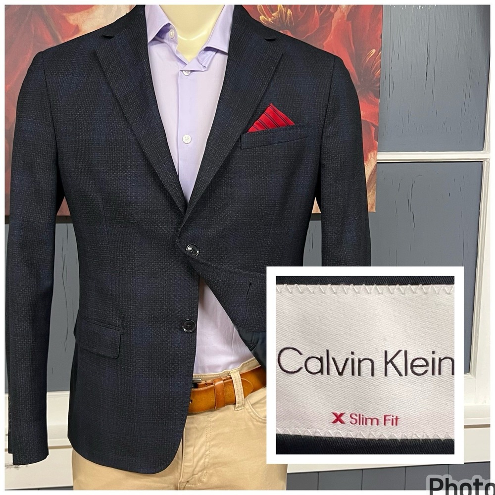 Calvin Klein Hopsack Blazer Mens 42S Short Slim Fit Wool Blend Black/Navy/Red